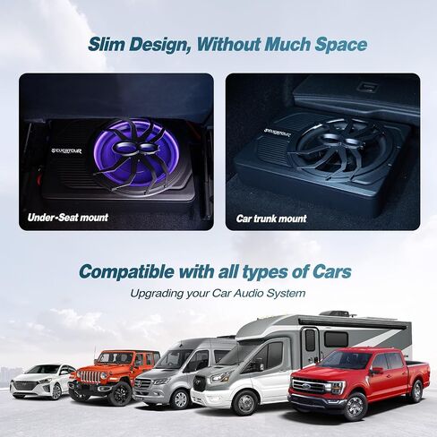 10" Upgrade 800W Slim Under Seat Powered Car Subwoofer, Car/Truck Audio Sub Built in Amplifier amp Combo Package, with Blue LED Light (Subwoofer+Installation Wire Kit) in Kuwait