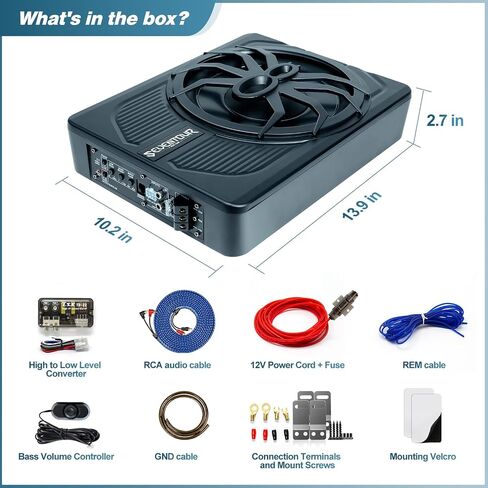 10" Upgrade 800W Slim Under Seat Powered Car Subwoofer, Car/Truck Audio Sub Built in Amplifier amp Combo Package, with Blue LED Light (Subwoofer+Installation Wire Kit) in Kuwait