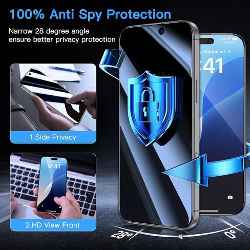 Uyiton UnBreak-Glass for iPhone 16 Pro Max Privacy Screen Protector - 28°Anti-Spy [Easy Fit] [Zero Bubble] Shatterproof Full Coverage Scratch Resistance 9H Private Tempered Glass Screen Cover, 2 Pack in Saudi Arabia