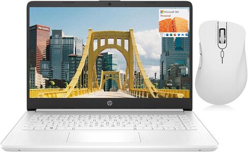 كمبيوتر محمول HP محمول 14 بوصة عالي الدقة، Intel Quad-Core N4120، ذاكرة وصول عشوائي 16 جيجابايت، 64 جيجابايت eMMC، سنة واحدة Office 365، كاميرا ويب، قارئ بطاقة SD، HDMI، Wi-Fi، Win 11 S، Thunderobot ML101 حزمة ماوس لاسلكية بيضاء in Saudi Arabia