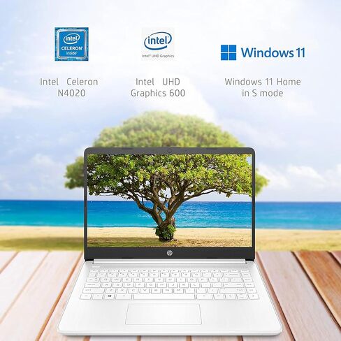 كمبيوتر محمول HP محمول 14 بوصة عالي الدقة، Intel Quad-Core N4120، ذاكرة وصول عشوائي 16 جيجابايت، 64 جيجابايت eMMC، سنة واحدة Office 365، كاميرا ويب، قارئ بطاقة SD، HDMI، Wi-Fi، Win 11 S، Thunderobot ML101 حزمة ماوس لاسلكية بيضاء in Saudi Arabia