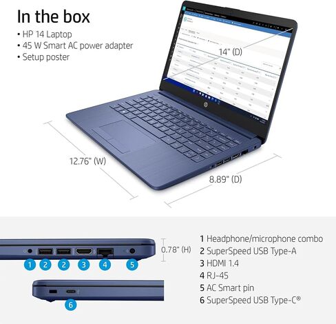 كمبيوتر محمول HP محمول 14 بوصة عالي الدقة، Intel Quad-Core N4120، ذاكرة وصول عشوائي 16 جيجابايت، 64 جيجابايت eMMC، سنة واحدة Office 365، كاميرا ويب، قارئ بطاقة SD، HDMI، Wi-Fi، Win 11 S، Thunderobot ML101 حزمة ماوس لاسلكية بيضاء in Saudi Arabia