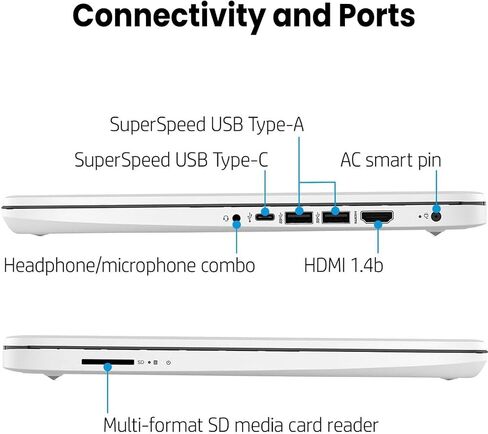 كمبيوتر محمول HP محمول 14 بوصة عالي الدقة، Intel Quad-Core N4120، ذاكرة وصول عشوائي 16 جيجابايت، 64 جيجابايت eMMC، سنة واحدة Office 365، كاميرا ويب، قارئ بطاقة SD، HDMI، Wi-Fi، Win 11 S، Thunderobot ML101 حزمة ماوس لاسلكية بيضاء in Saudi Arabia