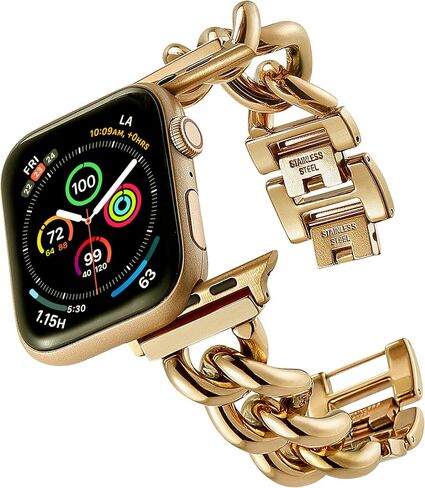 Compatible With Apple Watch Band 38mm 40mm 41mm 42mm 44mm 45mm 49mm, Gold Cowboy Chain Stainless Steel Metal Wristband Women Men Replacement for iWatch SE Series Ultra/9/8/7/6/5/4/3/2/1 in Saudi Arabia