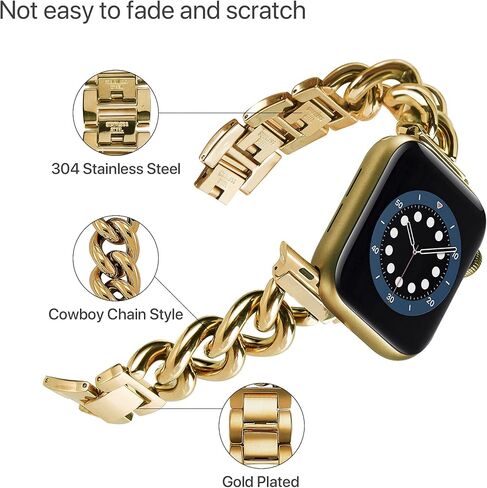 Compatible With Apple Watch Band 38mm 40mm 41mm 42mm 44mm 45mm 49mm, Gold Cowboy Chain Stainless Steel Metal Wristband Women Men Replacement for iWatch SE Series Ultra/9/8/7/6/5/4/3/2/1 in Saudi Arabia