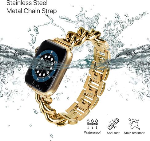 Compatible With Apple Watch Band 38mm 40mm 41mm 42mm 44mm 45mm 49mm, Gold Cowboy Chain Stainless Steel Metal Wristband Women Men Replacement for iWatch SE Series Ultra/9/8/7/6/5/4/3/2/1 in Saudi Arabia