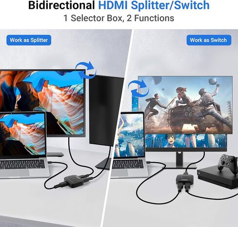 محول 4K HDMI 2.0، موزع HDMI ثنائي الاتجاه 2 في 1 خارج، يدعم 4K@60 هرتز 2K@120 هرتز لـ PS5، HDTV، Xbox، Fire Stick (4K60 هرتز) in Kuwait