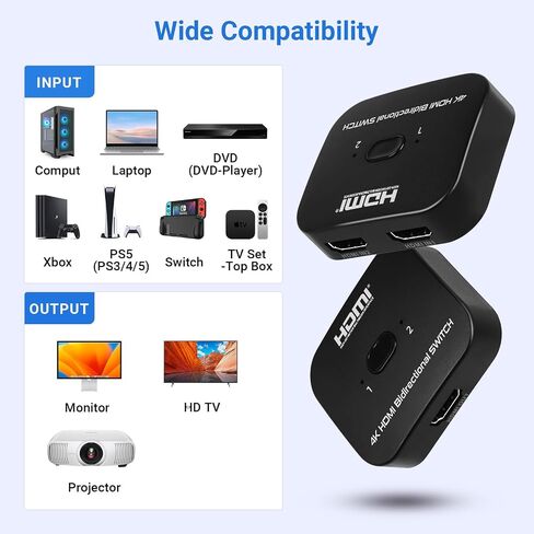 محول 4K HDMI 2.0، موزع HDMI ثنائي الاتجاه 2 في 1 خارج، يدعم 4K@60 هرتز 2K@120 هرتز لـ PS5، HDTV، Xbox، Fire Stick (4K60 هرتز) in Kuwait
