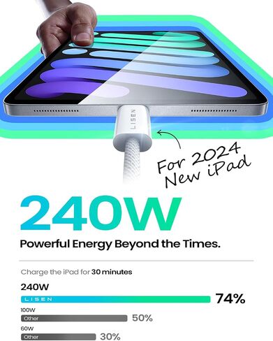 كابل LISEN 240 واط USB C إلى USB C سلك شحن سريع من النوع C، كابل شحن iPad لأجهزة iPad Pro/Air/Mini، iPhone 16/16 Pro/16 Plus/16 Pro Max، Google Pixel، Samsung Galaxy S24 Ultra، 6.6FT/White in Saudi Arabia
