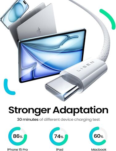 كابل LISEN 240 واط USB C إلى USB C سلك شحن سريع من النوع C، كابل شحن iPad لأجهزة iPad Pro/Air/Mini، iPhone 16/16 Pro/16 Plus/16 Pro Max، Google Pixel، Samsung Galaxy S24 Ultra، 6.6FT/White in Saudi Arabia