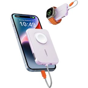 VEGER Portable Charger for iPhone with Built in Cable, 5000mAh Mini Power Bank Battery Pack, PD 20W Fast Charger Travel Accessory Compatible with iPhone 15/14/13/12/Pro Max, Apple Watch Series-Purple