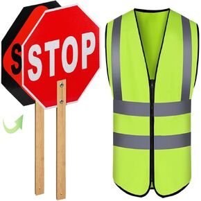 2 Pack Stop Sign with Handle and 2 Pack Reflective Safety Vest, Crossing Guard Stop Sign and High Visibility Security Vest, 13" Aluminum Double-Sided Stop Slow Sign with Handle, Traffic Stop Signs