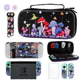 GLDRAM Magical Mushroom Carrying Case for Nintendo Switch Durable Travel Storage Bag with Glittery Protective Skin Cover Shell & HD Utral Screen Protector & Shoulder Strap & Thumb Caps for Boys Girls