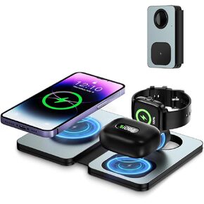 3 in 1 Wireless Charger Foldable Wireless Charging Station with Foldable Magnetic Induction for iPhone 15 14 13 12 11 Pro Max for Samsung Galaxy S22 S21 S20 S10 S9 S8 S7 iWatch