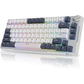RK ROYAL KLUDGE H81 Hot Swappable Mechanical Keyboard, Triple Mode 2.4Ghz/BT5.1/USB-C Knob Control Wireless Gaming Keyboard Gasket Mounted with RGB Backlit SkyCyan Switch, 75% Layout 81 Keys, White
