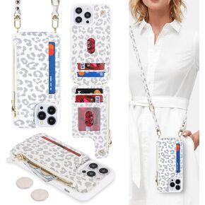 Cavor for iPhone 15 Pro Case with Card Holder,for iPhone 15 Pro Wallet Case for Women,Phone Case for iPhone 15 Pro Case with Strap,Crossbody and Wristlet,Leather Zipper Pocket Case-Leopard White