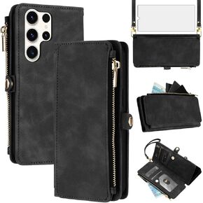 Asuwish Phone Case for Samsung Galaxy S24 Ultra 5G Zipper Wallet Cell Cover with Tempered Glass Screen Protector Crossbody Wrist Strap Flip Credit Card Holder S24Ultra 24S S 24 24Ultra Women Black
