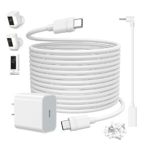 حزمة من 2 كابل شاحن 20 وات لكاميرا Ring Stick Up، ومحول طاقة USB-C للشحن السريع لكاميرا Ring Spotlight Cam Plus/بطارية احترافية، 16t/5m أبيض