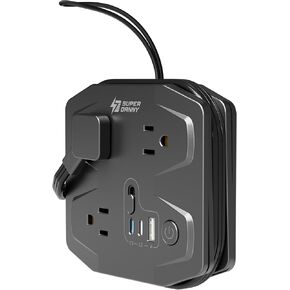 PD 20W C Travel Power Strip, SUPERDANNY 5ft Retractable Extension Cord Fast Charging Station, Portable 3-AC & 3-USB Flat Plug Extension Cord for Home Office, Business Travel, Trip, Cruise, White