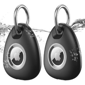 2 Pack,IPX8 Waterproof Airtag Holder [PC+Silicone] with Air Tag Keychain for Apple Air Tags,Shockproof [Anti-Scratch] Air-Tags GPS Item Finders Case for Pets,Bags,Kids,Keys,Luggage-2*Black