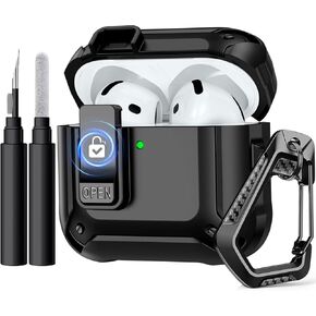 Charlam for AirPods 4 Case, Full Drop Protection with Secure Lock Design for Apple AirPods 4 Case Cover with Cleaning Kit & Keychain, Shockproof AirPods 4th Generation Case(2024) for Men Women, Black