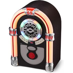 Retro Tabletop Jukebox with Bluetooth, FM Radio, AUX-in Port and Color Changing LED Lights Brown