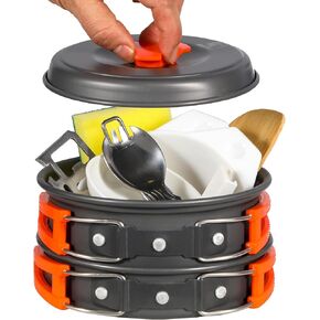 REDCAMP 10 PCS Camping Cookware Mess Kit Camping Gear Campfire Utensils Lightweight Stackable Pot Pan Bowls Soup Spoon with Storage Bag for Camping, Backpacking, Outdoor Cooking and Picnic, Orange