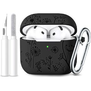 Lerobo for Airpods 4 Case Cover with Cleaner Kit, Cute Flower Engraved Silicone Protective Case Cover with Keychain Compatible with Apple Airpods 4 Case 2024 for Women and Girls, Pink