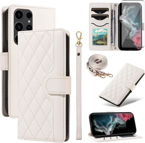Asuwish Phone Case for Samsung Galaxy S23 Ultra 5G Wallet Cover with Screen Protector and Wrist Strap Lanyard Card Holder Slot Stand Accessories S23Ultra 23S S 23 23Ultra 6.8 inch Women Men White in Saudi Arabia