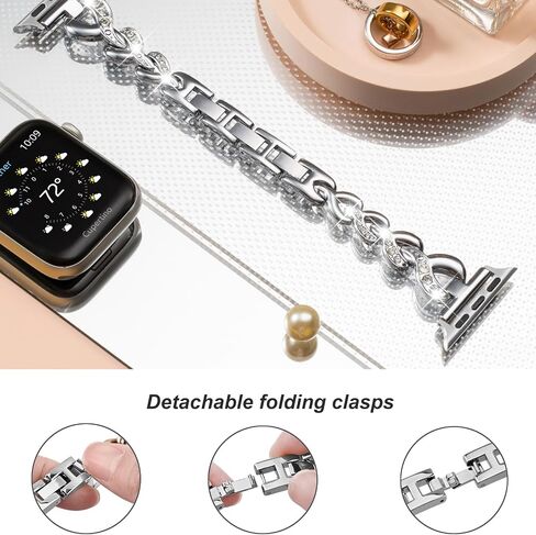 SaNgaiMEi Compatible Bling Band for Apple Watch Band 42mm(Series 10) 41mm 40mm 38mm Women Rhinestone Stainless Steel Link Band for iWatch Ultra Series SE 9 8 7 6 5 4 3 2 1 Bracelet Metal Strap in Kuwait