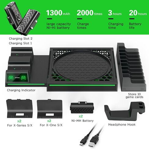 Xbox Series X Cooling Stand, CTPOWER Dual Controller Charging Station with 2 Rechargeable Battery Pack, 10 Game Slots & Headphone Holder for Xbox Series X in Saudi Arabia