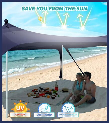 EYEFAME UPF50+ Anti-Wind Beach Tent with Sandproof Private Beach Wind Screen, Stable 8 Sandbags Design Beach Canopy Sun Shade with Carrying Bag, Portable Easy Assemble Sun Shelter for Outdoor Camping in Saudi Arabia