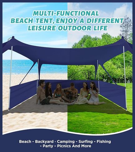 EYEFAME UPF50+ Anti-Wind Beach Tent with Sandproof Private Beach Wind Screen, Stable 8 Sandbags Design Beach Canopy Sun Shade with Carrying Bag, Portable Easy Assemble Sun Shelter for Outdoor Camping in Saudi Arabia