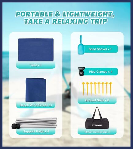 EYEFAME UPF50+ Anti-Wind Beach Tent with Sandproof Private Beach Wind Screen, Stable 8 Sandbags Design Beach Canopy Sun Shade with Carrying Bag, Portable Easy Assemble Sun Shelter for Outdoor Camping in Saudi Arabia