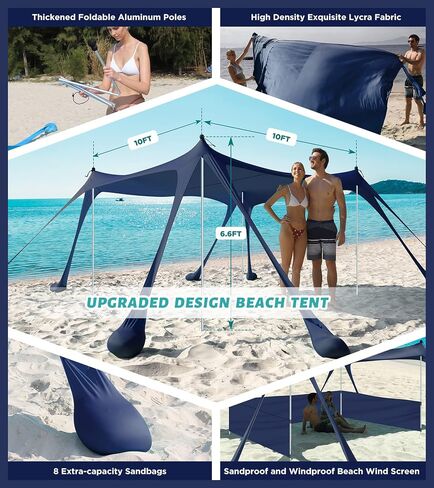EYEFAME UPF50+ Anti-Wind Beach Tent with Sandproof Private Beach Wind Screen, Stable 8 Sandbags Design Beach Canopy Sun Shade with Carrying Bag, Portable Easy Assemble Sun Shelter for Outdoor Camping in Saudi Arabia