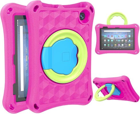 Amazon Fire 7 Tablet Case(12th Generation, 2022 Release),SHREBORN Lightweight Shockproof Fire 7 Kids Tablet Cover with Rotatable Folding Handle Stand Incompatible iPad Samsung Tablet-Pink in Saudi Arabia