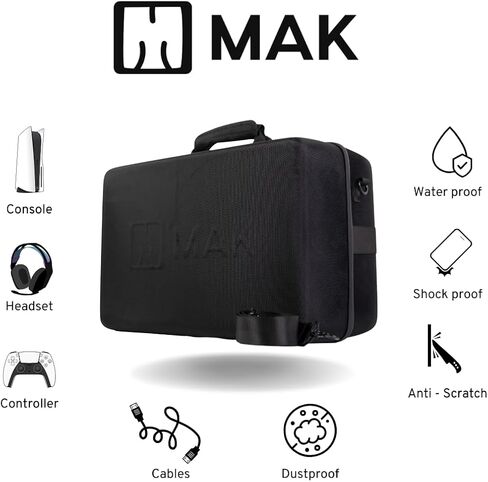 حقيبة حمل MAK PS5 - حافظة بلاي ستيشن 5، حقيبة سفر PS5 مع غطاء صلب، حامل واقٍ لوحدة التحكم ووحدة التحكم وسماعات الرأس والملحقات، متينة ومقاومة للماء والصدمات (أسود ورمادي) in Saudi Arabia