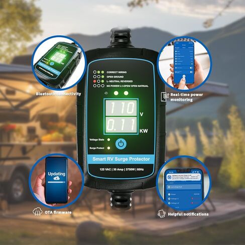 P2 Smart RV Surge Protector 30 Amp - Smart RV Energy Monitor - EPO Bluetooth Surge Protector مع إيقاف تشغيل تلقائي 10000 Joule محمول RV محول دائرة محلل محمول Surge UL مدرج باللون الأزرق in Saudi Arabia