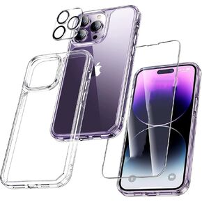 3 in 1 Designed for iPhone 14 Pro Case, with 1X Tempered Glass Screen Protector, [Not Yellowing]+ 1X Camera Lens Protector, Slim Transparent TPU Phone Case Shockproof Protective Bumper
