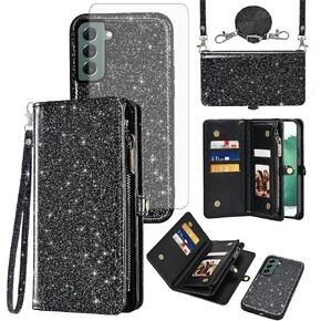 Asuwish Phone Case for Samsung Galaxy S22 Plus S22+ 5G Zipper Wallet Detachable Cell Cover with Tempered Glass Screen Protector Wrist Strap Flip Card Holder S22+5G S22plus 22S + S 22 22+ Women Purple