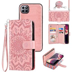 Phone Case for Boost Mobile Celero 5G Plus 7 inch 2023 Zipper Wallet Magnetic Detachable Cell Cover with Screen Protector Crossbody Lanyard Strap Flower Flip Card Holder Slot 5G+ Women Men Dark Green