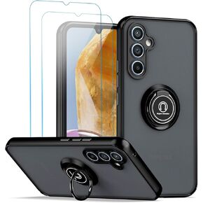 QUIETIP Case Compatible with Samsung Galaxy M15 & F15 5G with Screen Protector,TPU + Hard PC Shockproof Magnetic Ring Car Mount Stand Cover,Black