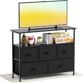 Simple Deluxe TV Stand Dresser for Bedroom Entertainment Center with 5 Fabric Drawers, Storage Organizers Units for Living Room, Media Console Table with Open Shelf up for 45" TV, Black, Wood top