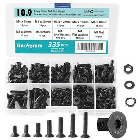 200 PCS M4 x 30mm 35mm 40mm 45mm 50mm, Flat Head Hex Socket Cap Screws Countersunk Bolts Washers Nuts Assortment Kit, 10.9 Grade Alloy Steel, Black Oxide Finish, Metric Allen Hex Drive