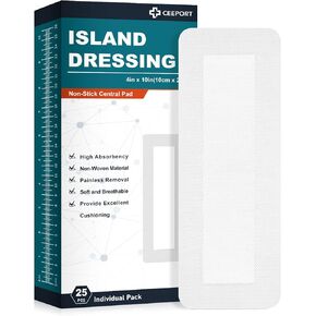 Island Dressing Bordered Gauze 4"x10", 25 Individually Packed Non-Stick Pad in Center with Adhesive Border,Soft & Highly Absorbent Medical Grade Dressing Gauze Pad for Wound Care and First Aid