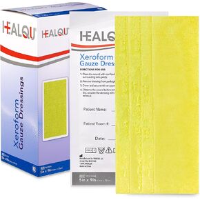 HEALQU Xeroform Petrolatum Dressing 5x9 - صندوق مكون من 25 قطعة من شاش الفازلين المعقم 3% البزموت ثلاثي البرومفينات والفازلين - شاش شبكي ناعم للجروح والتمزقات والحروق وترقيع الجلد