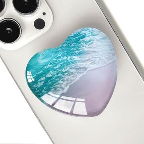 Expandiing Moblile Cell Phone Grip Heart Shape Glass Holder for Smartphones, Cellphone Collapsible Stand（ Wave Beach
