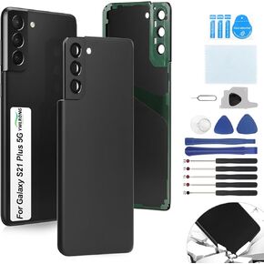 Replacement for Samsung Galaxy S21 Plus 5G Back Glass Replacement for Samsung Galaxy S21 Plus Rear Glass Replacement SM-G996U Battery Cover Housing Door Accessories Parts with Repair Tools(Black)