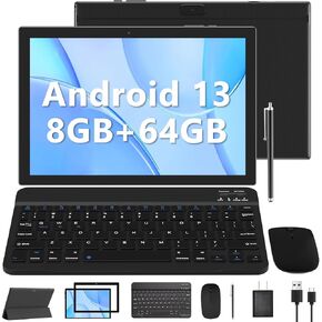 Android 13 Tablet 10.1 Inch Tablet with Keyboard, 8GB RAM 128GB ROM/1TB Computer Tablets, 10'' HD 2.4G/5G WiFi 6 Tableta PC with Case Mouse Stylus Film OTG, Quad-core 6000mah Battery, 8MP Dual Camera