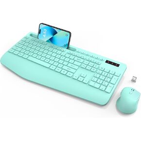 لوحة مفاتيح وماوس لاسلكيين من SABLUTE، مسند معصم مريح، حامل هاتف، مجموعة لوحات مفاتيح خالية من التأخر 2.4G، مجموعة لاسلكية صامتة للكمبيوتر والكمبيوتر المحمول والكمبيوتر الشخصي وأجهزة Mac والنوافذ، تعمل بالبطارية، أخضر نعناعي in Kuwait